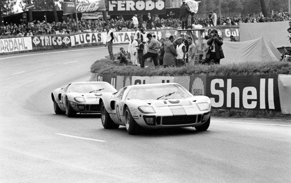 1968 24 Hours of LeMans LeMans Two Gulf GT40's running together